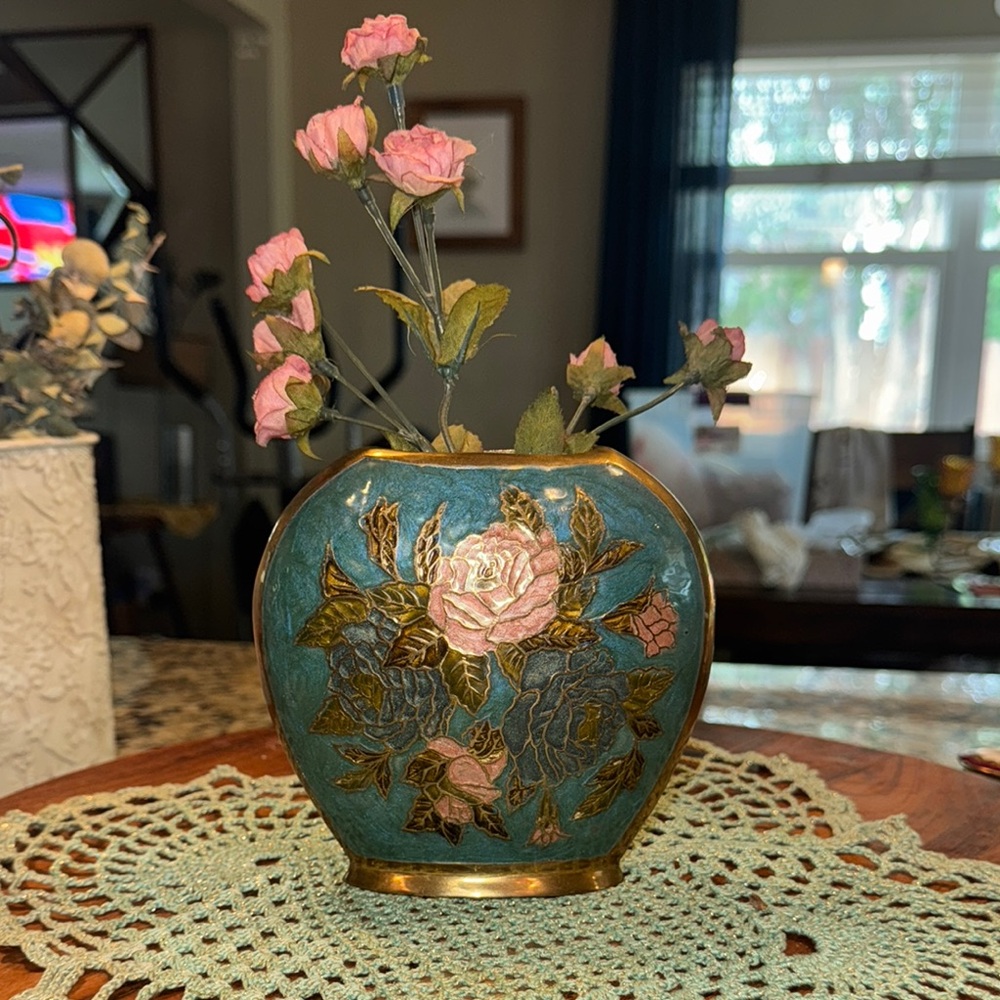 Cloisonne Brass Floral Vase